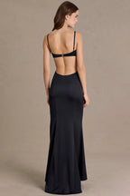 Chic Satin Embellished Bralette Gown in Black