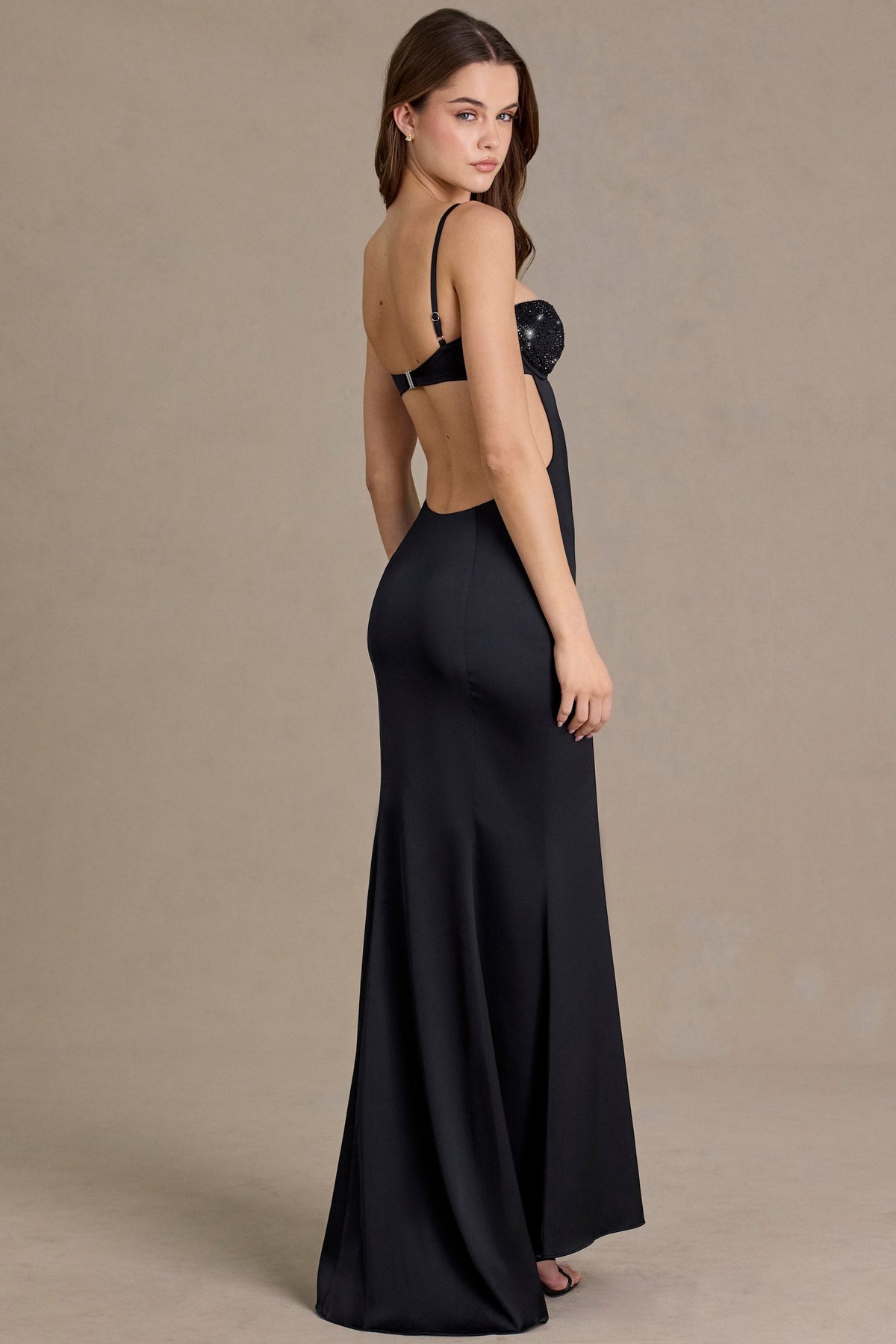 Chic Satin Embellished Bralette Gown in Black