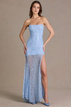 Chic Embellished Lace Corset Gown in Sky Blue