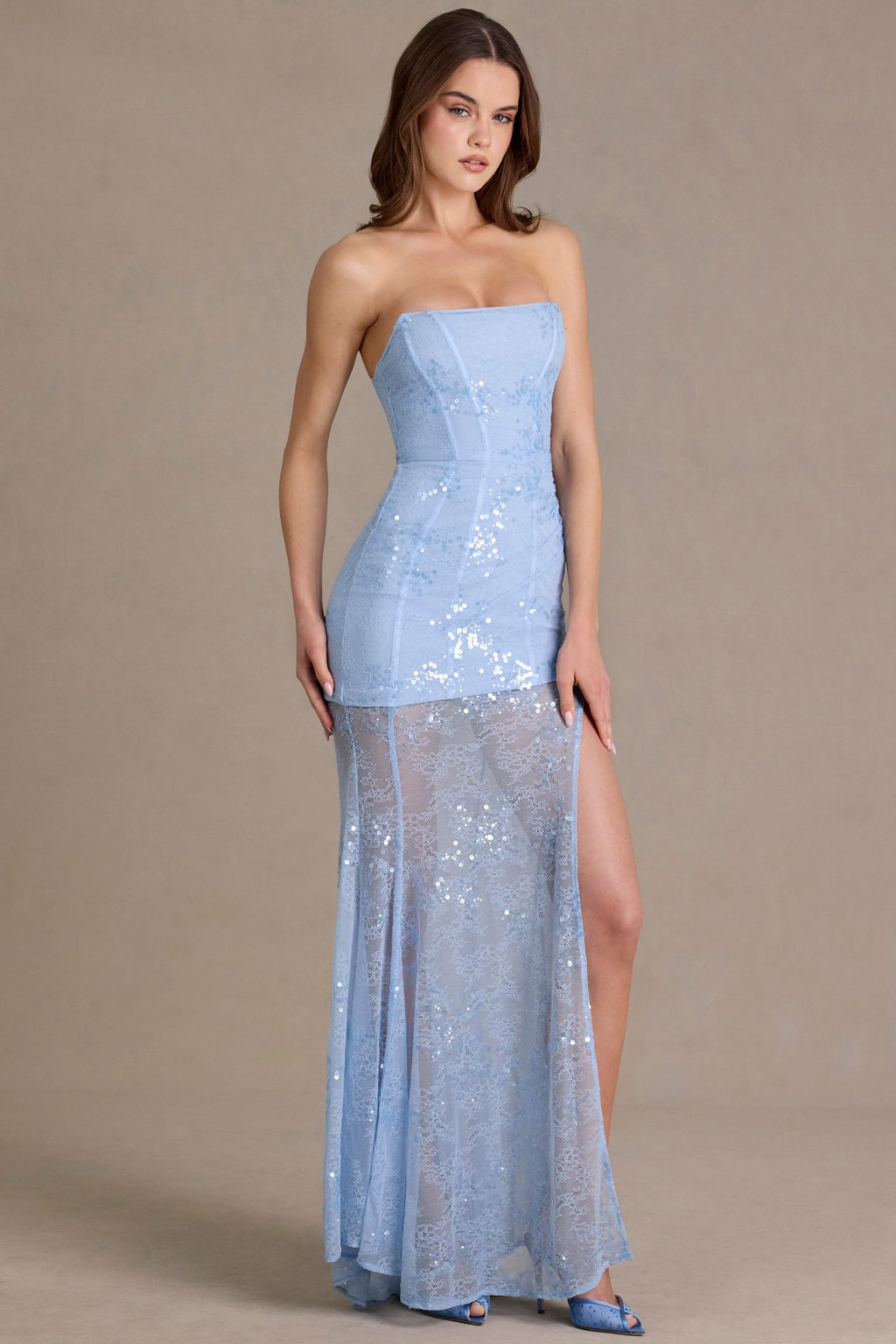 Chic Embellished Lace Corset Gown in Sky Blue