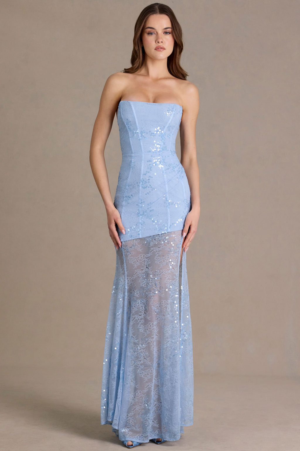 Chic Embellished Lace Corset Gown in Sky Blue