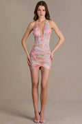 Chic Embellished Draped Mini Dress in Pink Floral Print
