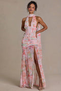 Chic Embellished Scarf-Detail Maxi Dress in Pink Floral Print