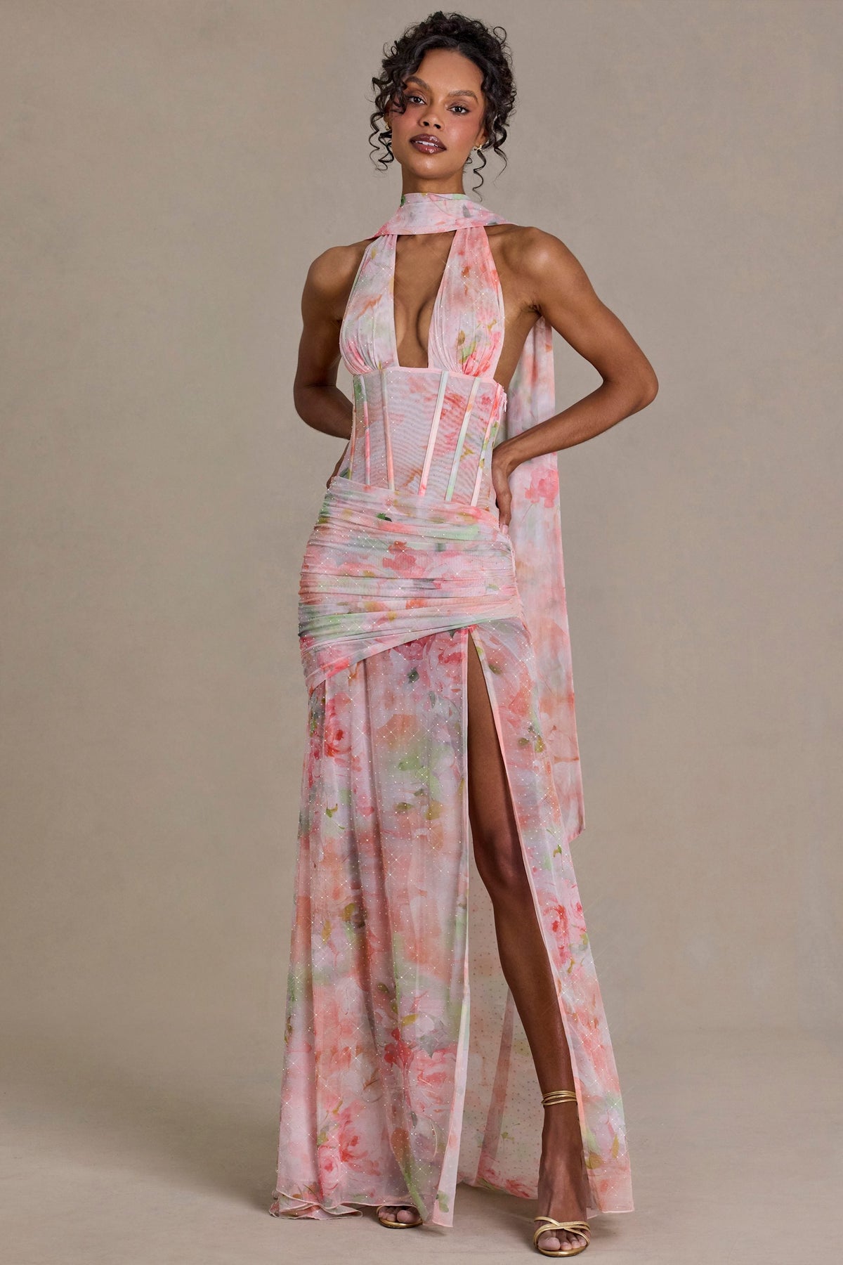 Chic Embellished Scarf-Detail Maxi Dress in Pink Floral Print
