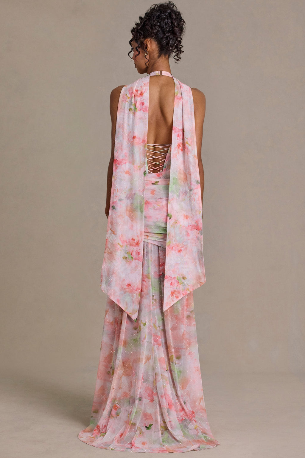 Chic Embellished Scarf-Detail Maxi Dress in Pink Floral Print