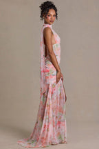 Chic Embellished Scarf-Detail Maxi Dress in Pink Floral Print