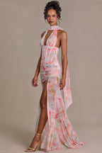 Chic Embellished Scarf-Detail Maxi Dress in Pink Floral Print