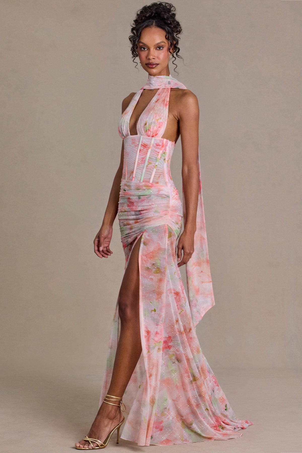 Chic Embellished Scarf-Detail Maxi Dress in Pink Floral Print
