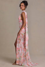 Chic Embellished Scarf-Detail Maxi Dress in Pink Floral Print
