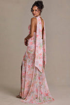 Chic Embellished Scarf-Detail Maxi Dress in Pink Floral Print