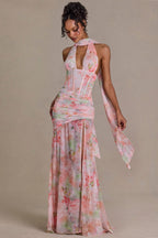 Chic Embellished Scarf-Detail Maxi Dress in Pink Floral Print