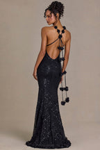 Chic Embellished Plunge Open-Back Gown in Black