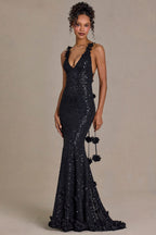 Chic Embellished Plunge Open-Back Gown in Black