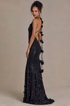 Chic Embellished Plunge Open-Back Gown in Black