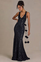 Chic Embellished Plunge Open-Back Gown in Black