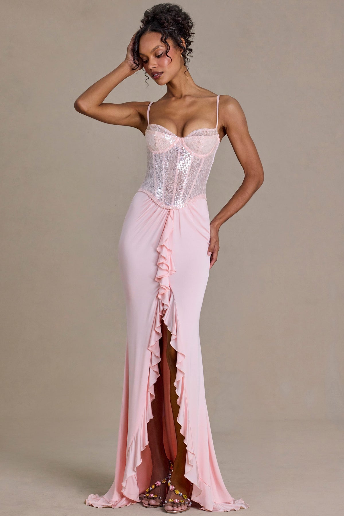 Chic Embellished Lace Corset Gown in Blossom