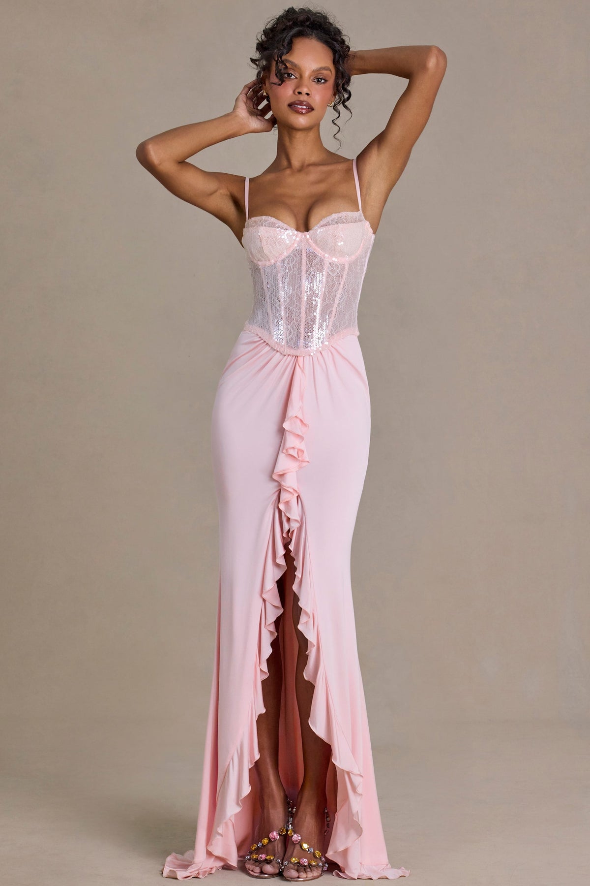 Chic Embellished Lace Corset Gown in Blossom