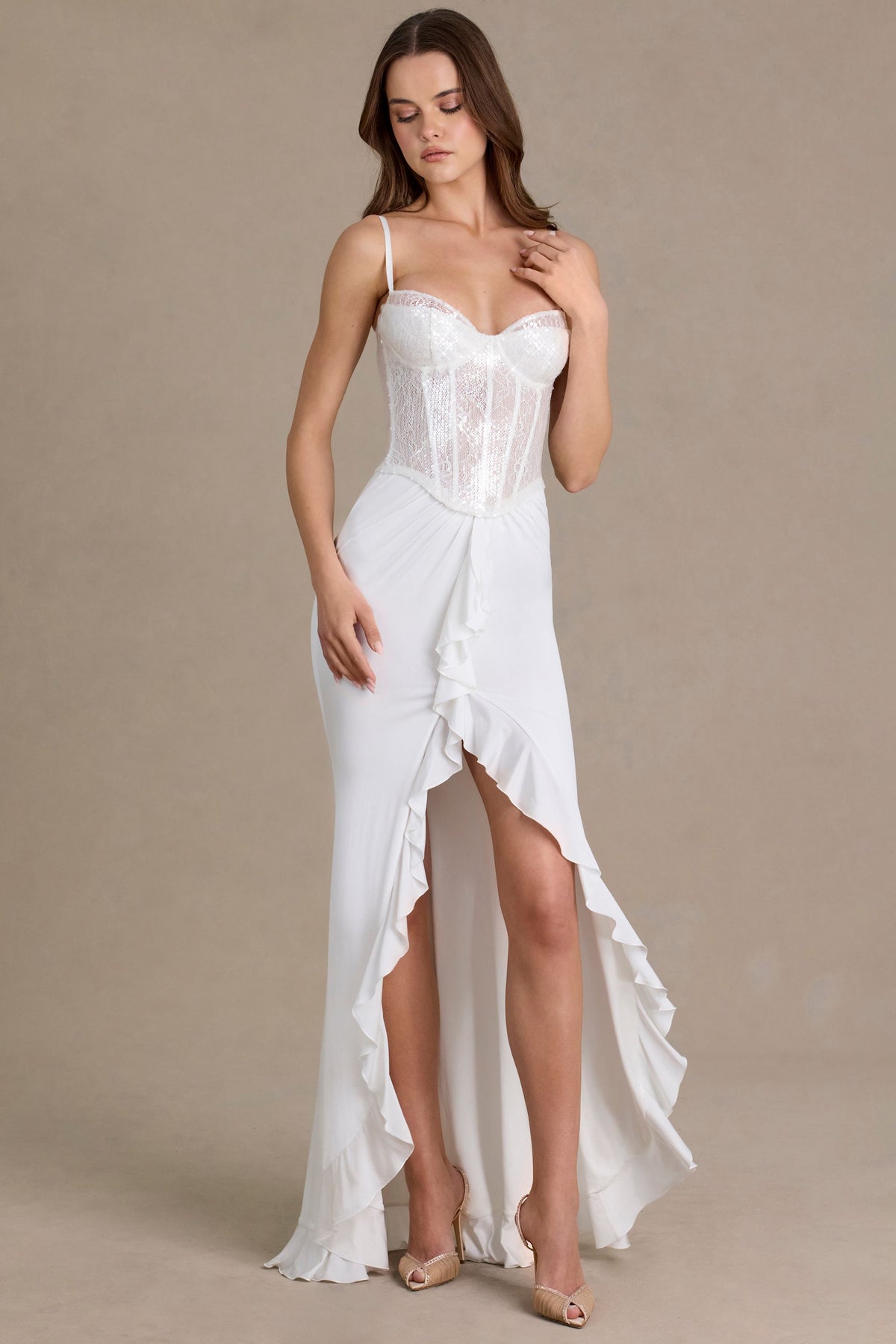 Chic Embellished Lace Corset Gown in Snow