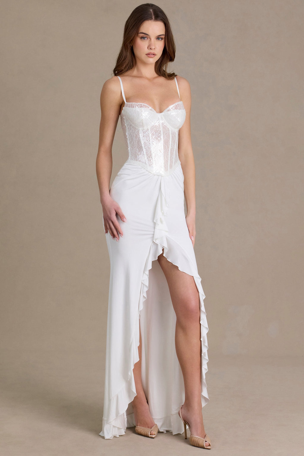 Chic Embellished Lace Corset Gown in Snow