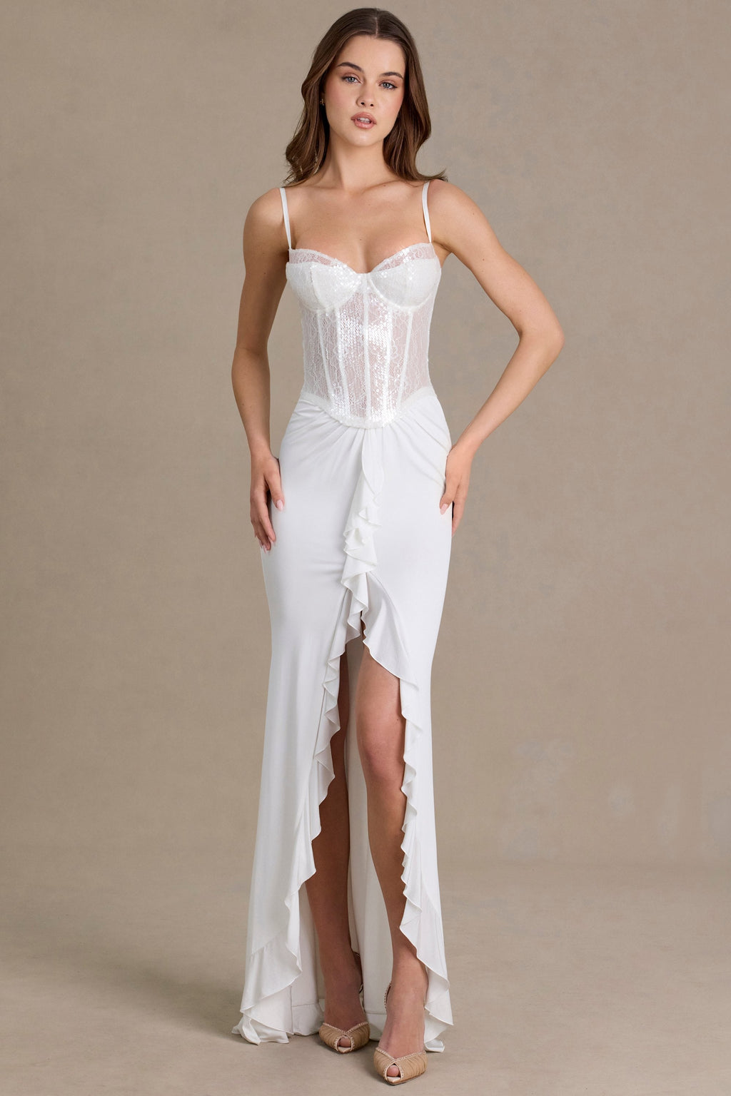 Chic Embellished Lace Corset Gown in Snow