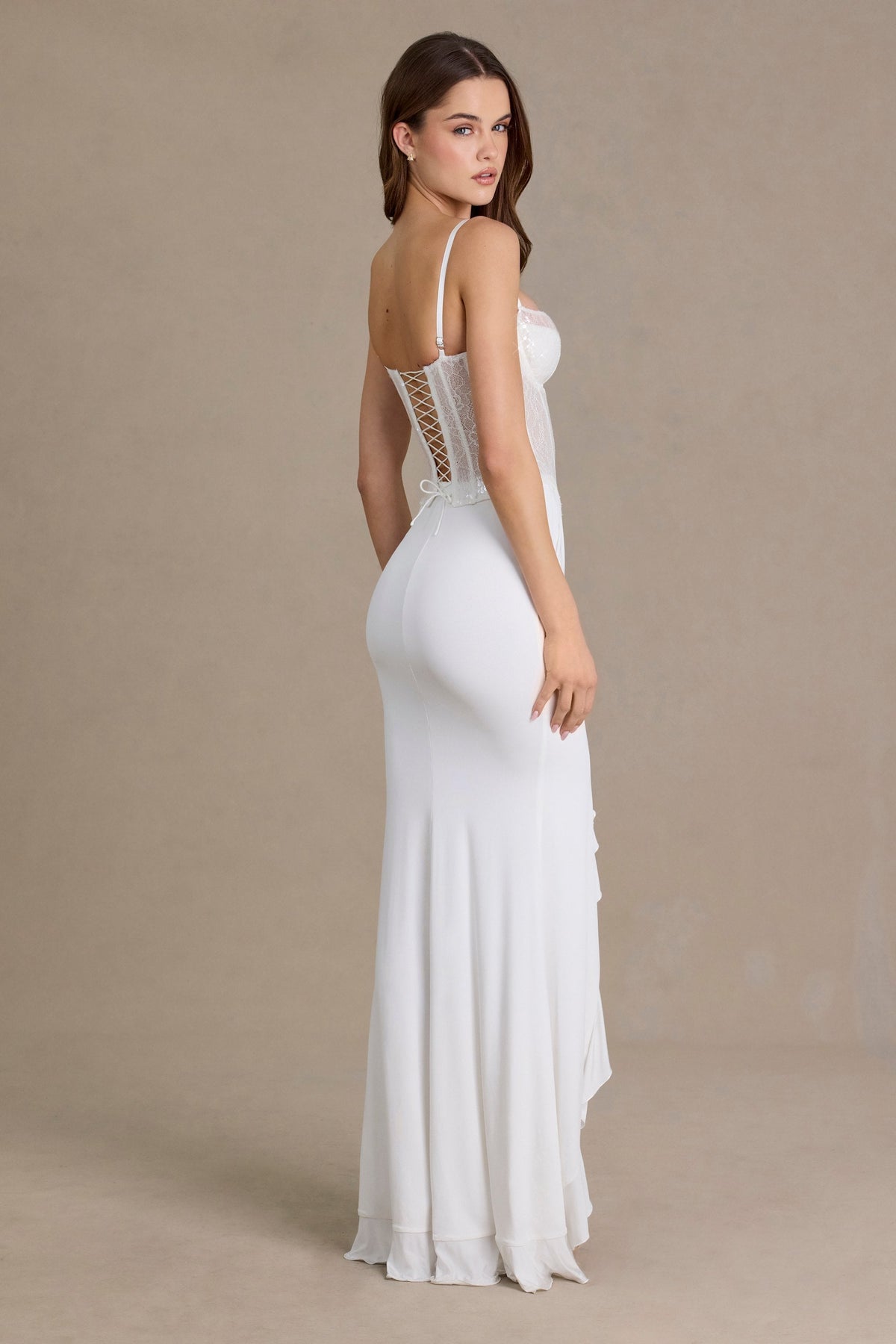 Chic Embellished Lace Corset Gown in Snow