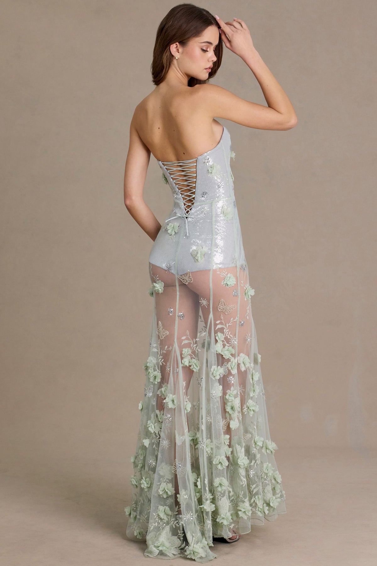 Chic Embellished Tulle Corset Gown in Sage Green