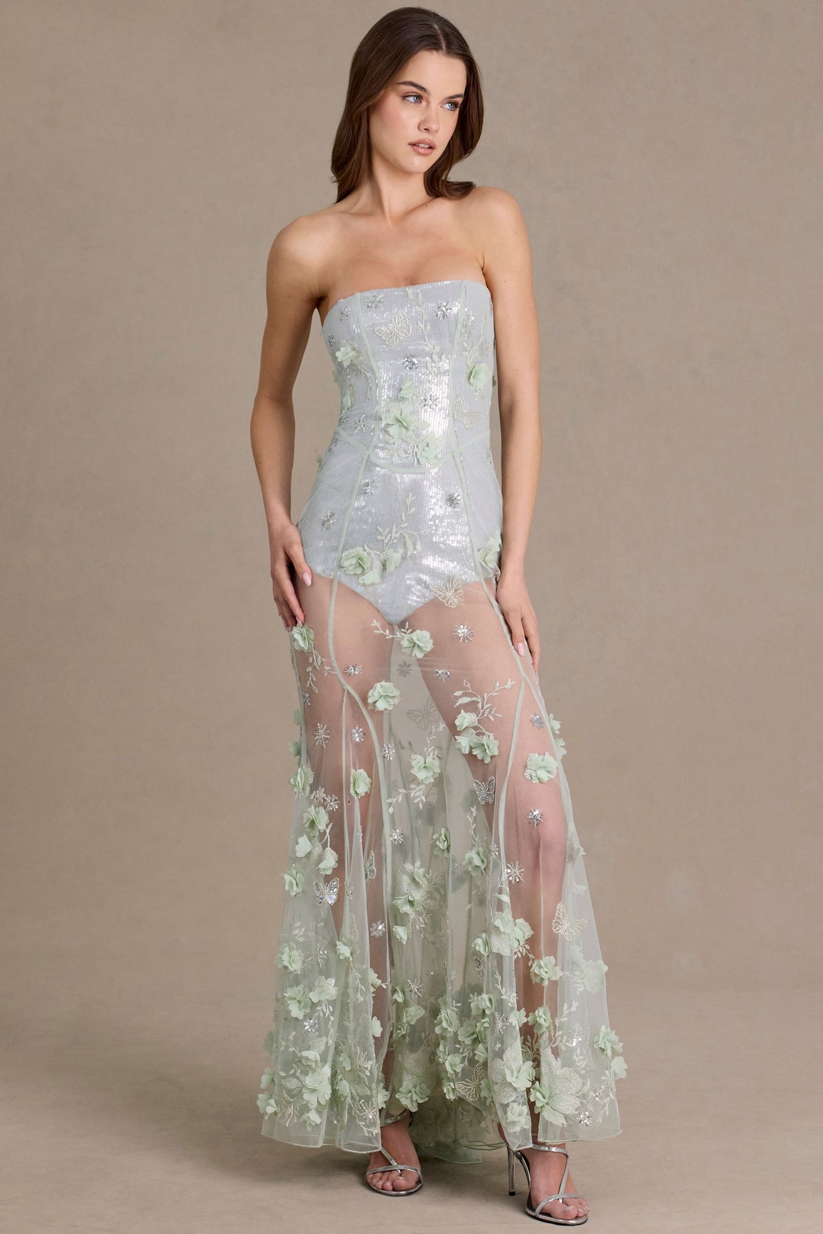 Chic Embellished Tulle Corset Gown in Sage Green
