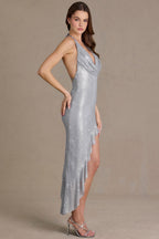 Chic Embellished Plunge Asymmetric Maxi Dress in Diamond