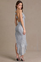 Chic Embellished Plunge Asymmetric Maxi Dress in Diamond