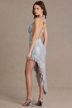 Chic Embellished Plunge Asymmetric Maxi Dress in Diamond
