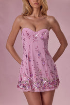 Chic Embellished Bandeau Mini Dress in Candyfloss Pink