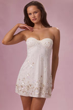 Chic Embellished Bandeau Mini Dress in Pearl