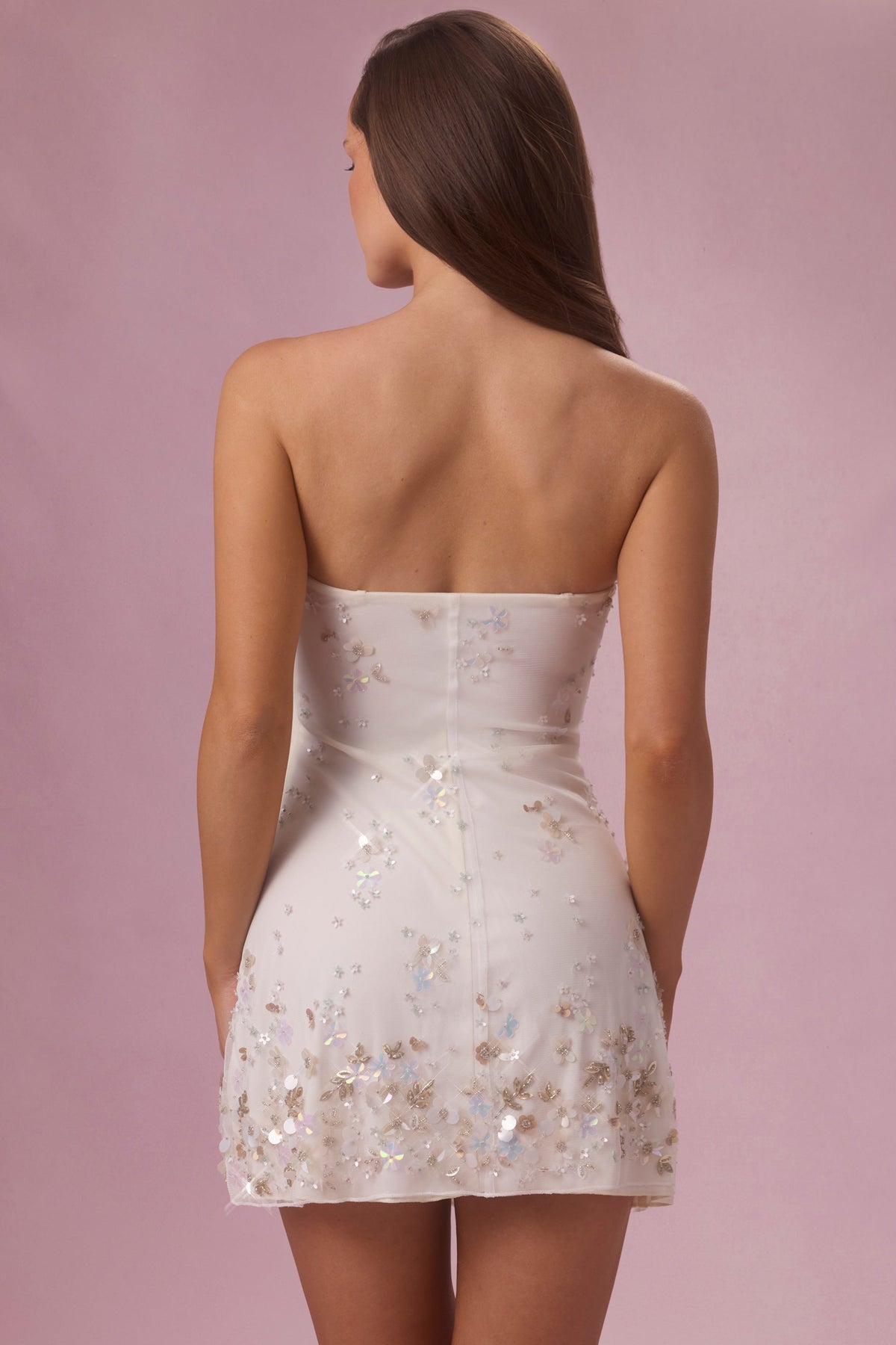 Chic Embellished Bandeau Mini Dress in Pearl