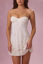 Chic Embellished Bandeau Mini Dress in Pearl