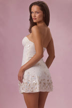 Chic Embellished Bandeau Mini Dress in Pearl