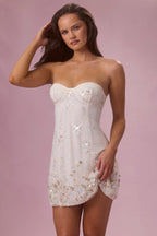 Chic Embellished Bandeau Mini Dress in Pearl