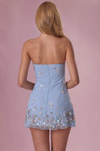 Chic Embellished Bandeau Mini Dress in Sky Blue