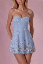 Chic Embellished Bandeau Mini Dress in Sky Blue