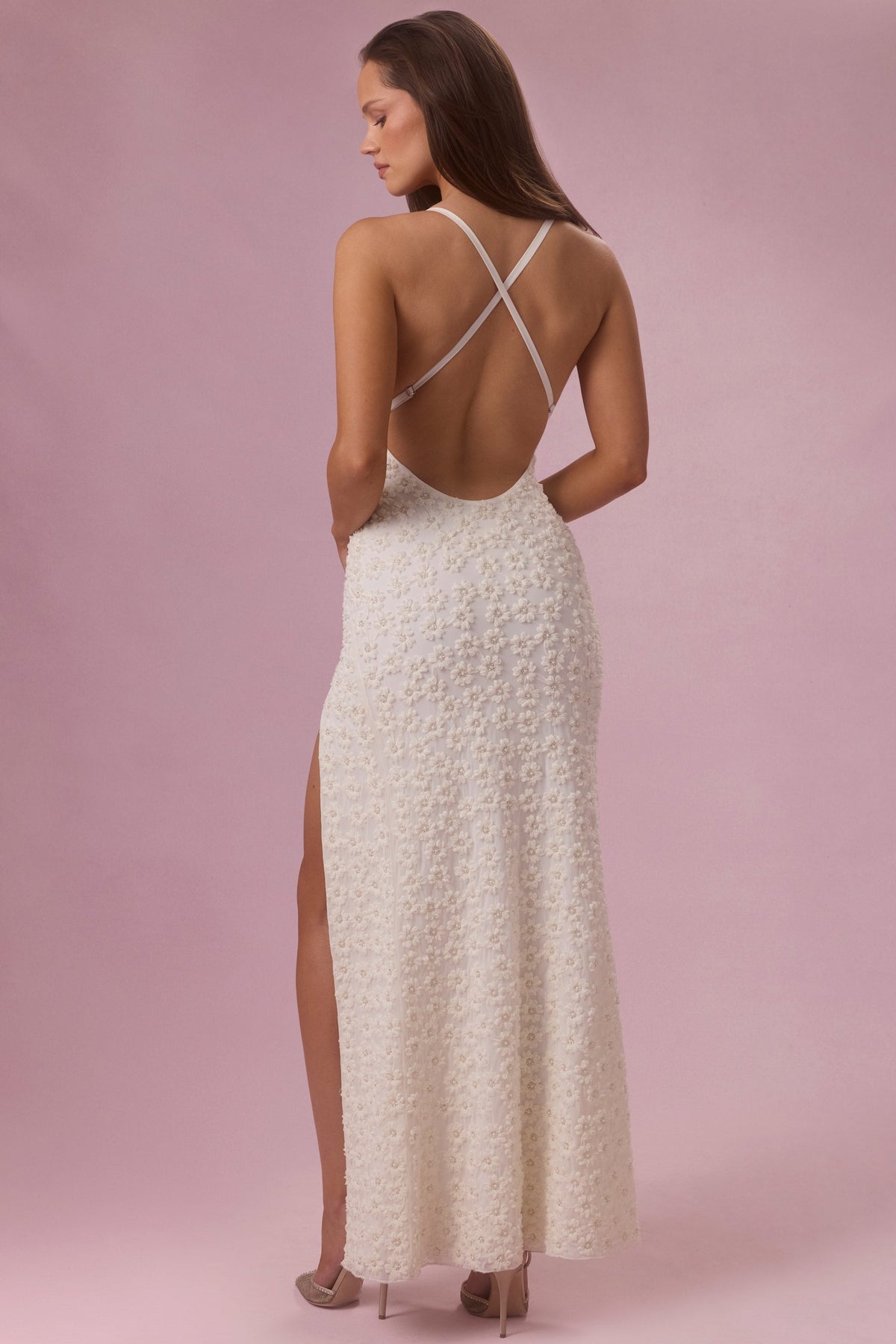 Chic Embellished Square Neck Maxi Dress in Pearl
