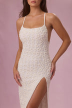 Chic Embellished Square Neck Maxi Dress in Pearl