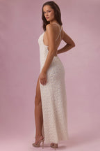 Chic Embellished Square Neck Maxi Dress in Pearl