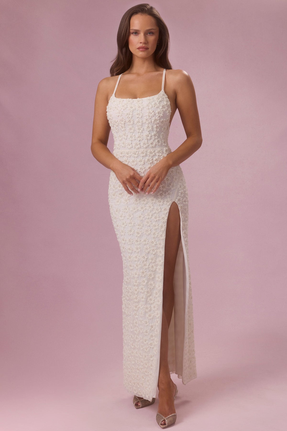 Chic Embellished Square Neck Maxi Dress in Pearl
