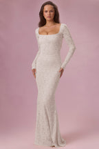 Chic Lace Long-Sleeve Maxi Dress in Pearl