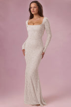 Chic Lace Long-Sleeve Maxi Dress in Pearl