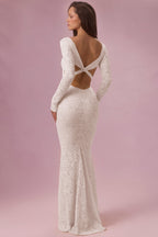 Chic Lace Long-Sleeve Maxi Dress in Pearl