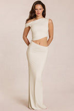 Chic Asymmetric Drape Maxi Dress in Ivory