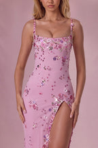 Chic Embellished Corset Maxi Dress in Candyfloss Pink