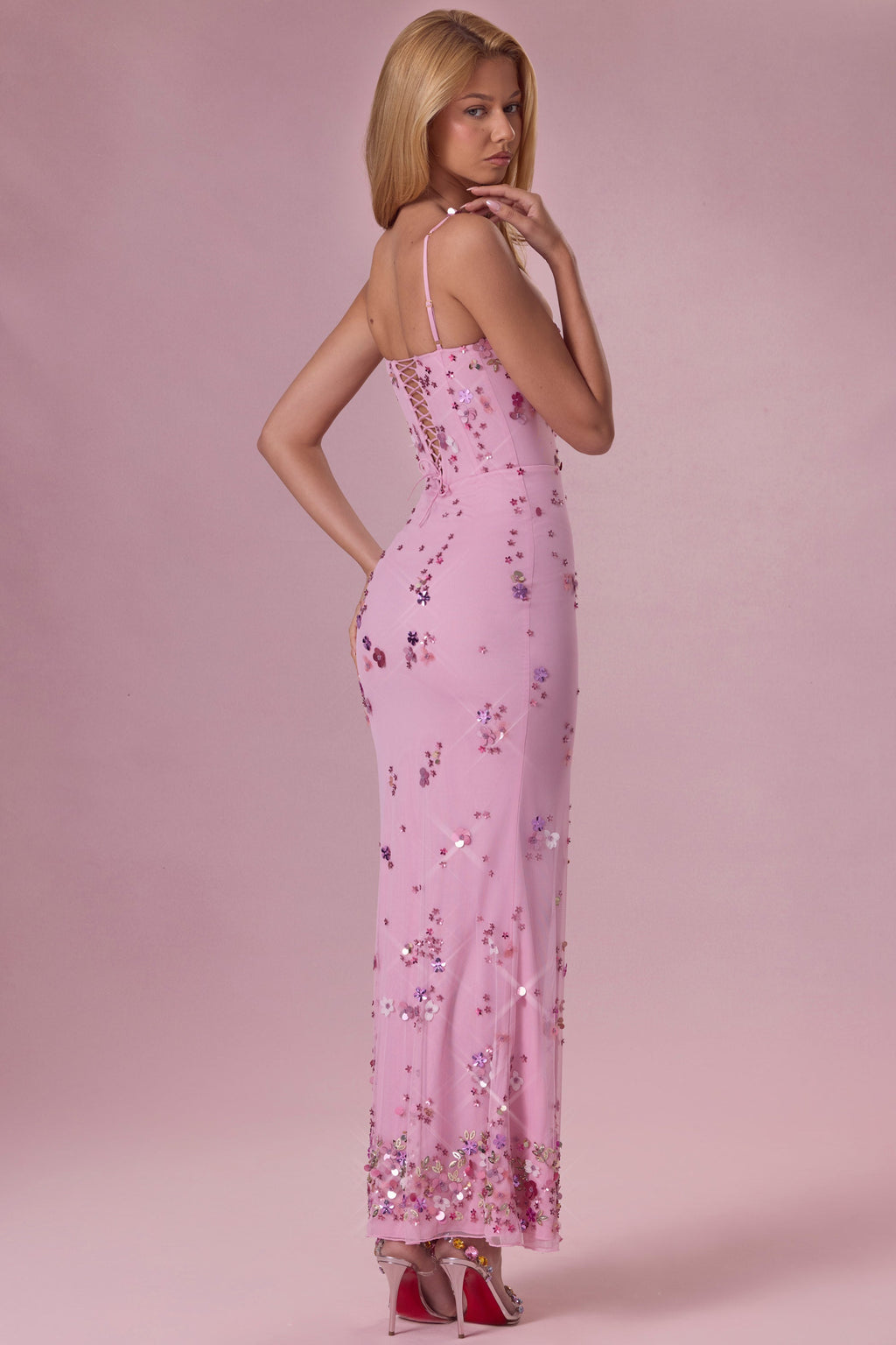 Chic Embellished Corset Maxi Dress in Candyfloss Pink