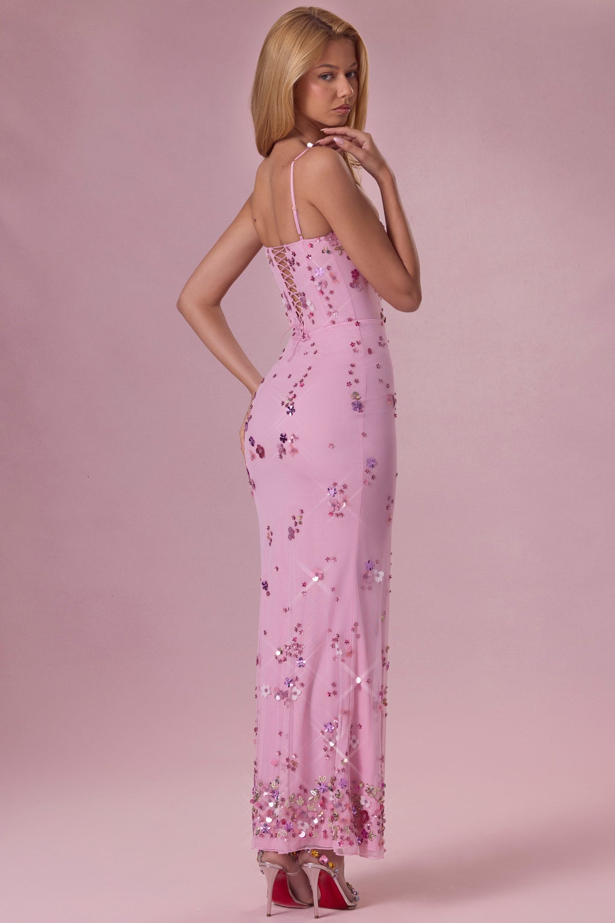 Chic Embellished Corset Maxi Dress in Candyfloss Pink