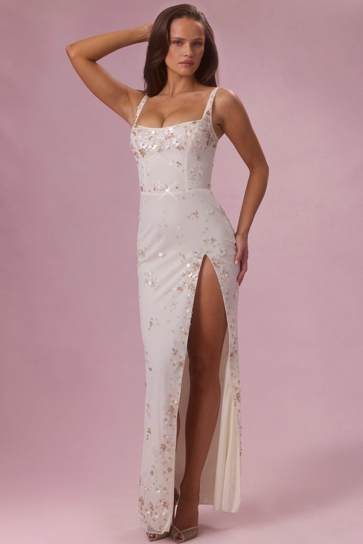 Chic Embellished Corset Maxi Dress in Pearl